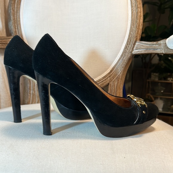 Michael Kors HAMILTON Pump Black Suede Heels Stiletto Platform MK logo Size 10 - Picture 9 of 14